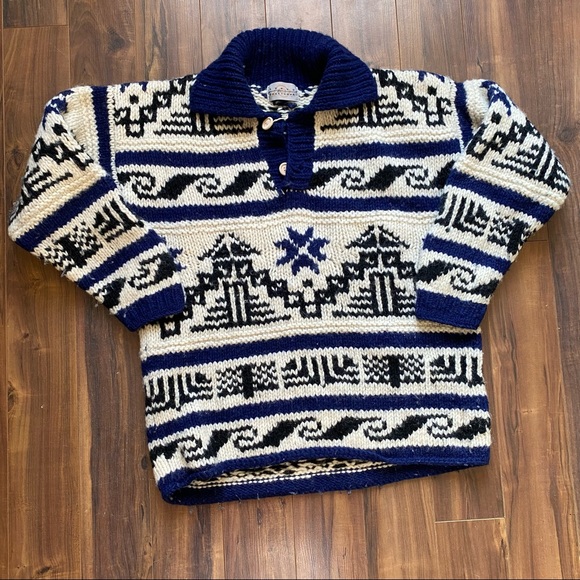 Other - Colourful Siwash Cowichan Navy and White Button Collar Sweater